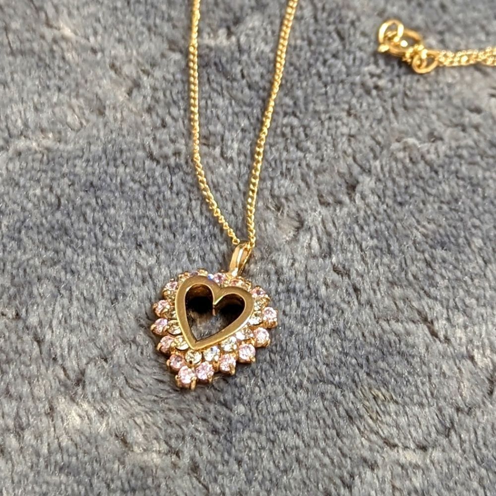 Heart Shaped Pendant w/ Clear & Pale Pink CZ's - Gold over Sterling Silver - Picture 7 of 14